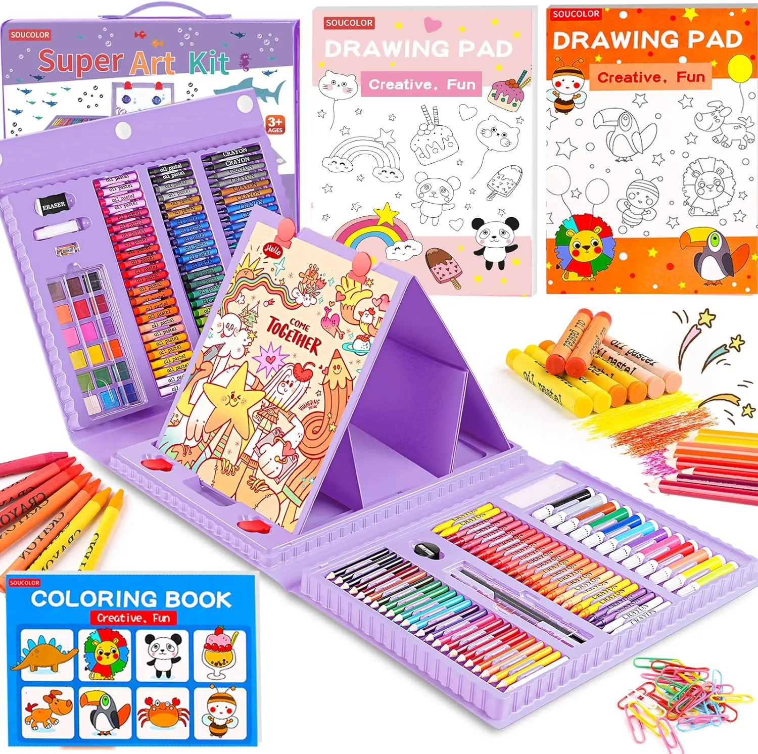 Soucolor Art Supplies, 283 Pieces Drawing Set Art Kits with Trifold Easel, 2 Drawing Pads, 1 Coloring Book, Crayons, Pastels, Arts and Crafts Gifts Case for Kids Girls Boys Teens Beginners (Purple)
