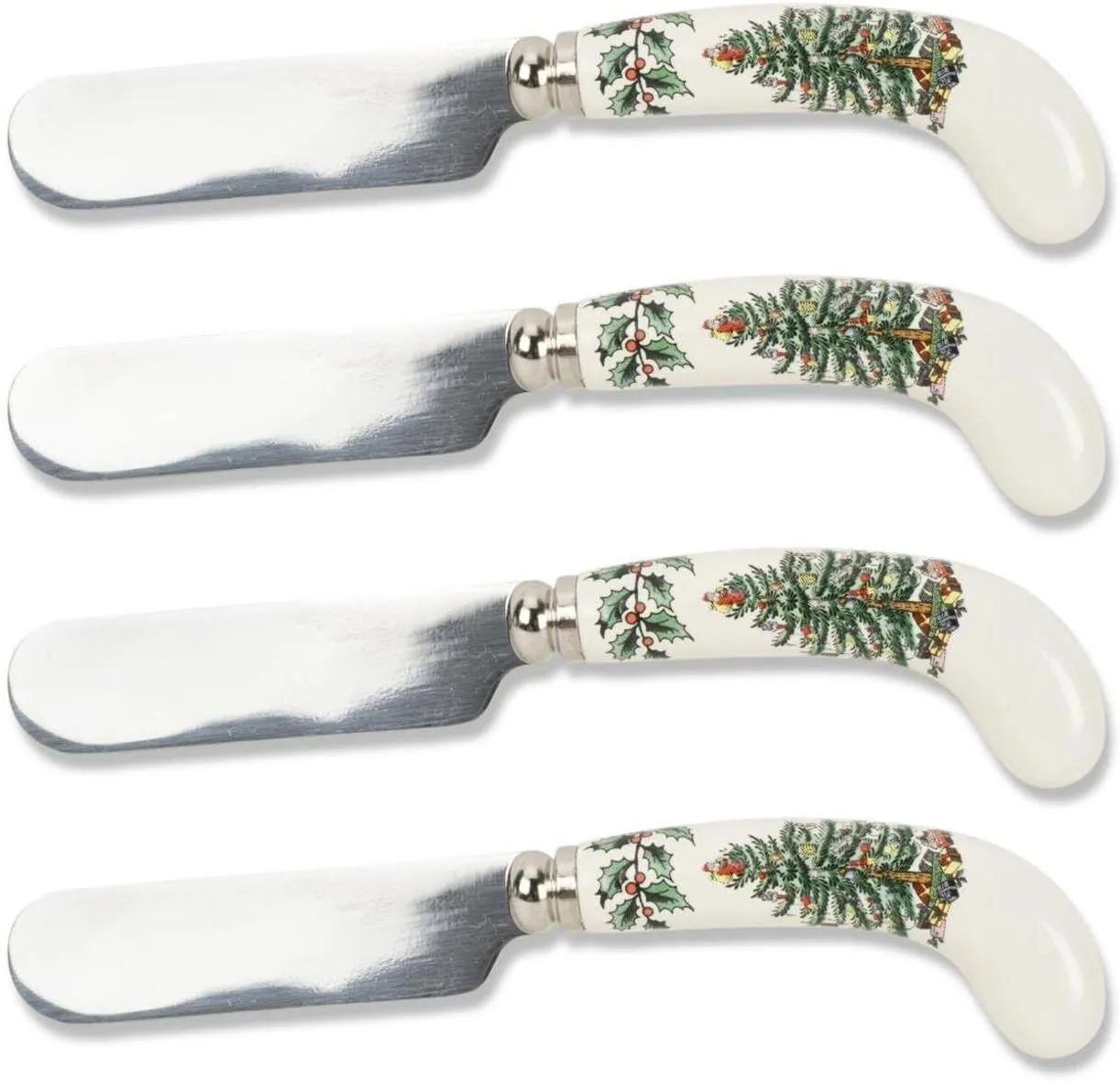 Spode Christmas Tree Cheese Spreaders (Set of 4) - 4.75" Stainless Steel Butter Knife with Porcelain Handle for Jam, Pastry, Butter Knife - Holiday Silverware & Festive Kitchen Cutlery