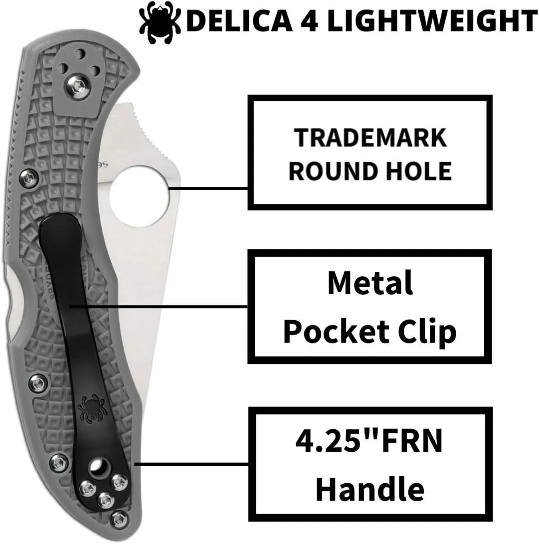 Spyderco Delica 4 Lightweight 7.15" Signature Folding Knife with 2.90" Flat-Ground Steel Blade and High-Strength FRN Handle - PlainEdge Grind