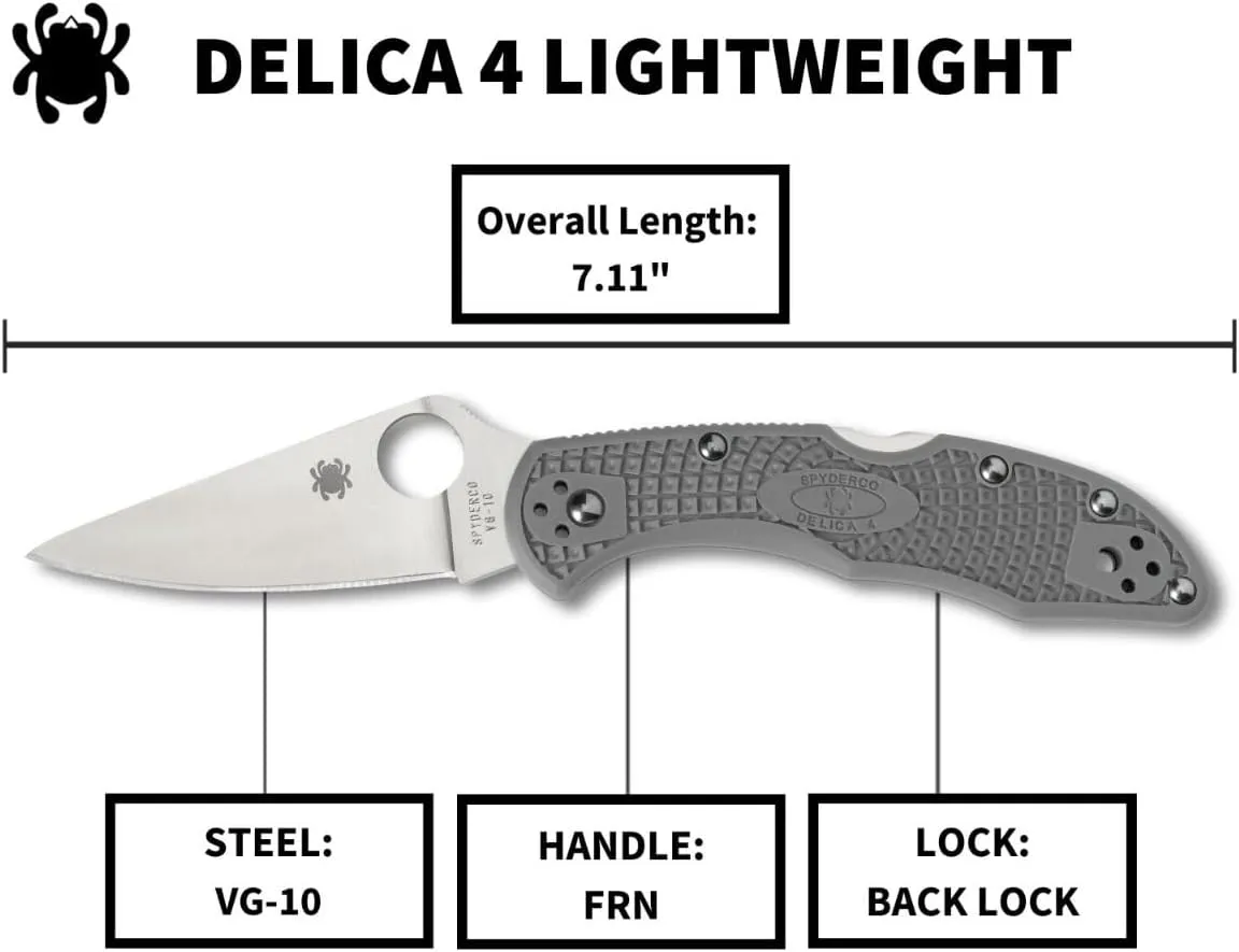 Spyderco Delica 4 Lightweight 7.15" Signature Folding Knife with 2.90" Flat-Ground Steel Blade and High-Strength FRN Handle - PlainEdge Grind