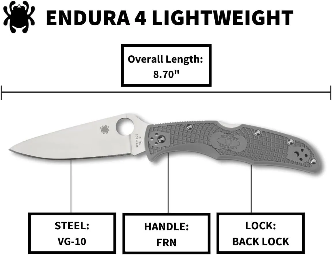 Spyderco Endura 4 Lightweight Signature Knife with 3.80" VG-10 Steel Blade and Gray FRN Handle - PlainEdge - C10FPGY
