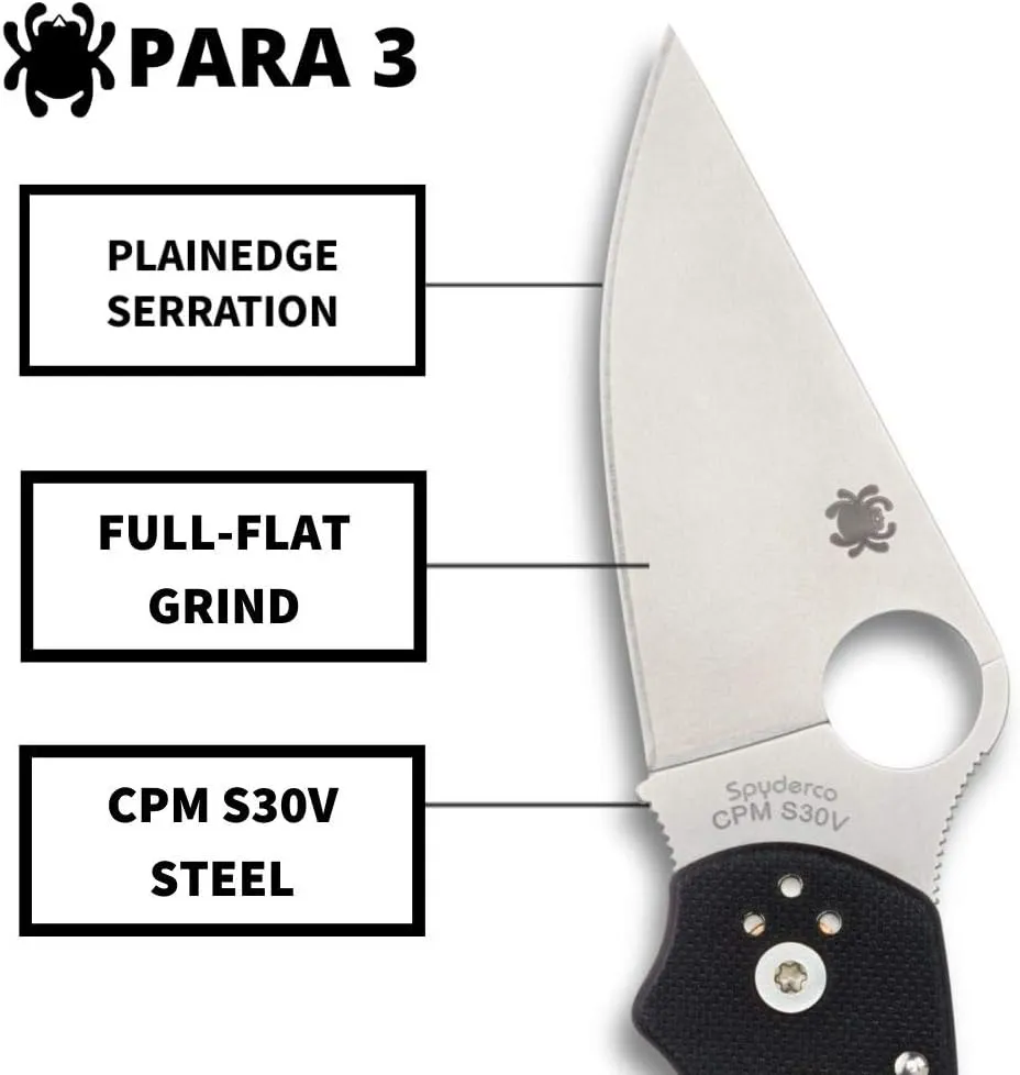 Spyderco Para 3 Black 2.93" Plain Edge Folding Pocket Knife (C223GP)