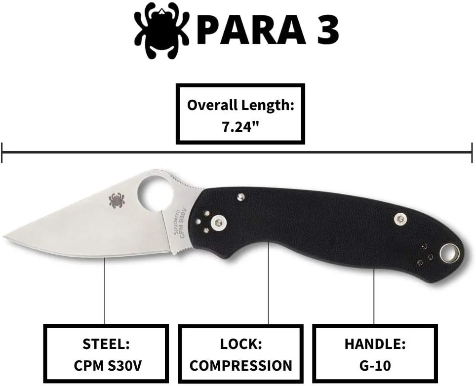Spyderco Para 3 Black 2.93" Plain Edge Folding Pocket Knife (C223GP)