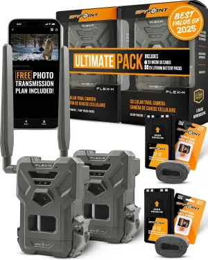 SPYPOINT Flex-M 2-Pack and SD Card 2-Pack with LIT-22 | Cellular Trail Cameras | Best Value in Hunting | No WiFi Needed, GPS-Enabled | Night Vision | IP65 Waterproof | 28MP Photos, 720p Videos