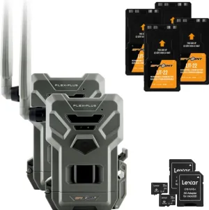 SPYPOINT Flex-Plus Cellular Trail Camera Twin Pack, 36MP Photos and 1080p Videos w/Sound, GPS-Enabled, Dual-SIM LTE Connectivity, 100' Flash & Detection Range   Four LIT-22 Batteries   Two SD Cards