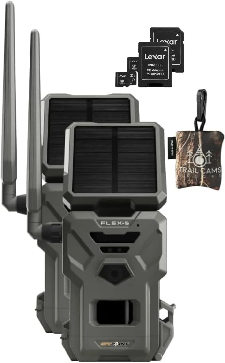 SPYPOINT Flex-S Solar Cellular Trail Camera (2 PK) Integrated Solar Panel, LTE Connectivity, 100-foot Flash/Detection Range, Internal Battery   Two 32GB SD Cards   Spudz