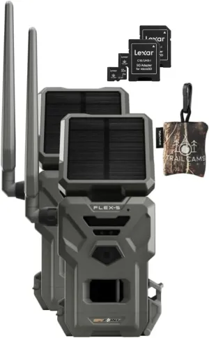 SPYPOINT Flex-S Solar Cellular Trail Camera (2 PK) Integrated Solar Panel, LTE Connectivity, 100-foot Flash/Detection Range, Internal Battery   Two 32GB SD Cards   Spudz