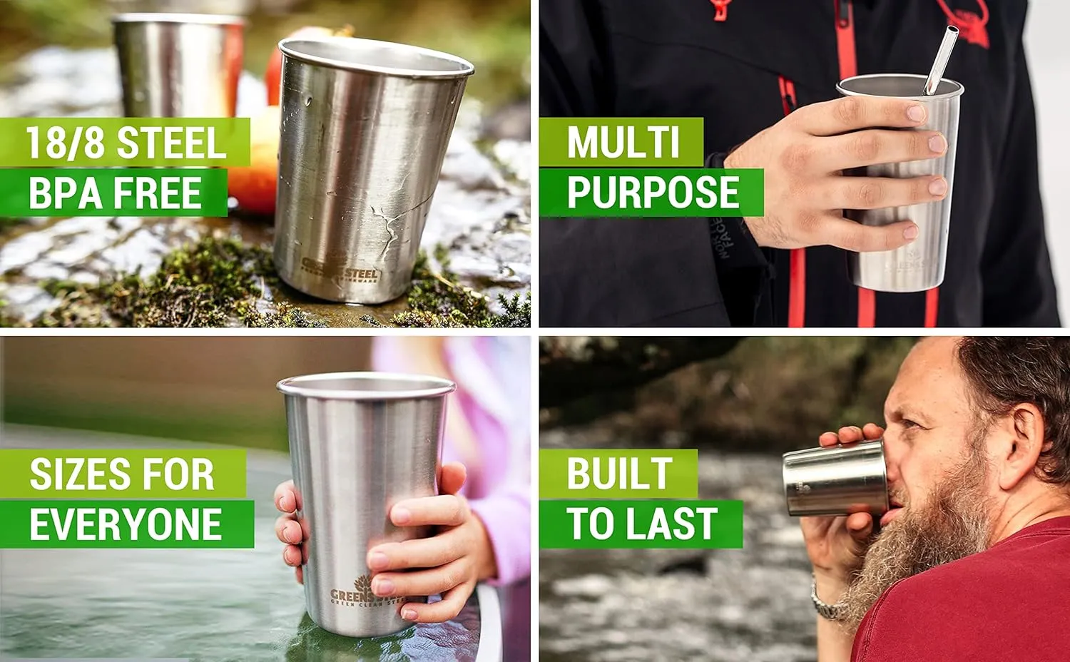 Stainless Steel Cups 16 oz Pint Tumbler (4 Pack) - Premium Metal Drinking Glasses | Stackable Durable Cup (16 oz Rainbow)