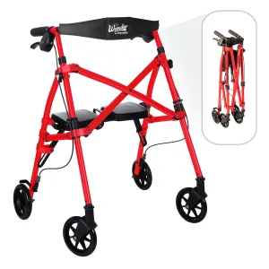 Stander Wonder Rollator Short, Lightweight Junior Folding-Walker for Seniors and Adults, Travel Space-Saver-Rollator, Petite Four Wheel Walking Aid with Seat, Sport Red