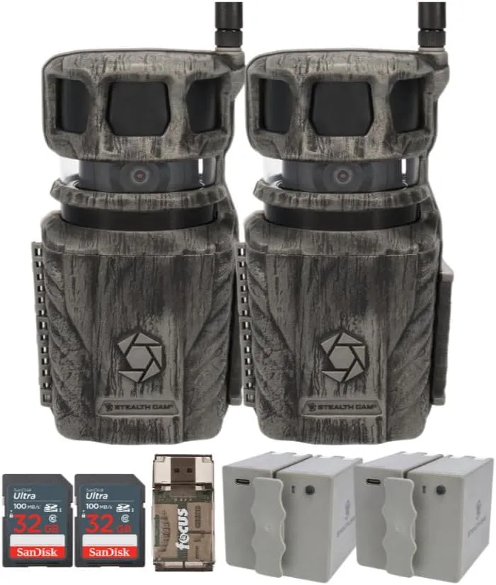 Stealth Cam Revolver 36MP 360-Degree Cellular Trail Camera (2-Pack) Bundle with 5400mAh Rechargeable Battery Pack (2-Pack), 32GB UHS-I Memory Card (2-Pack), and Card Reader (7 Items)
