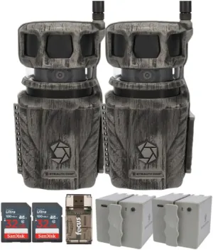 Stealth Cam Revolver 36MP 360-Degree Cellular Trail Camera (2-Pack) Bundle with 5400mAh Rechargeable Battery Pack (2-Pack), 32GB UHS-I Memory Card (2-Pack), and Card Reader (7 Items)