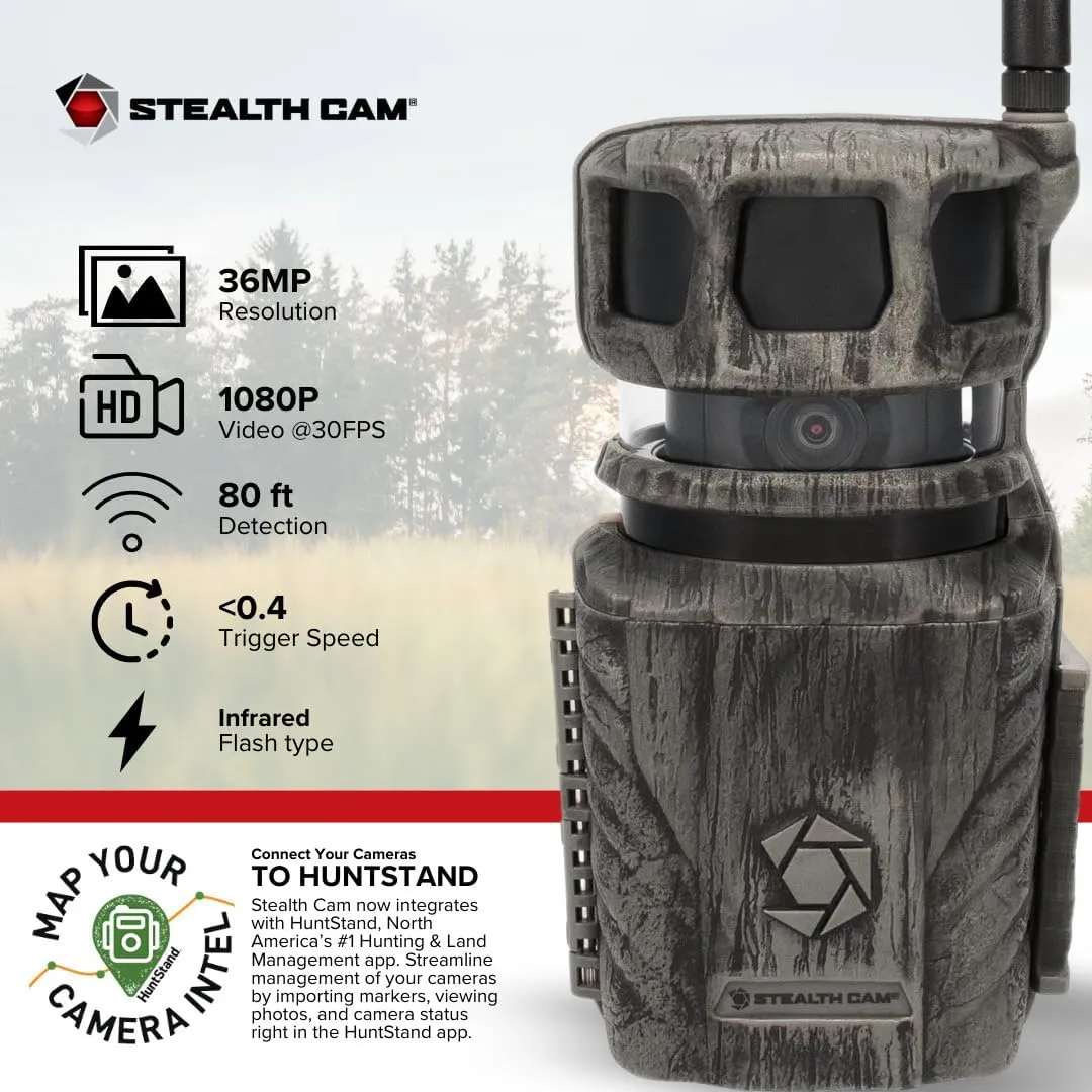 Stealth Cam Revolver 36MP 360-Degree Cellular Trail Camera (4-Pack) Bundle with 4 x 5400mAh Rechargeable Battery Pack, 4 x 32GB UHS-I Memory Card, and Card Reader (13 Items)