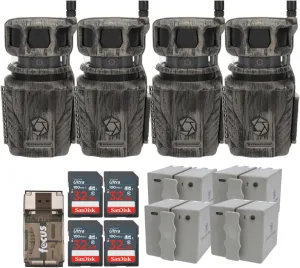 Stealth Cam Revolver 36MP 360-Degree Cellular Trail Camera (4-Pack) Bundle with 4 x 5400mAh Rechargeable Battery Pack, 4 x 32GB UHS-I Memory Card, and Card Reader (13 Items)