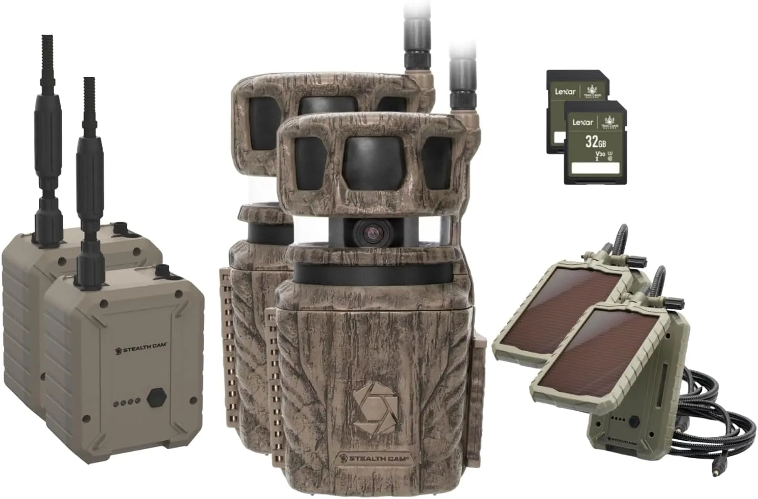 Stealth Cam Revolver 36MP Trail Camera with 1080P HD Video at 30 FPS, 0.4 Sec Trigger Speed, 360° Panoramic View, Built-in GPS, Verizon/AT&T Cellular, External Battery, Solar Panel, 32GB SD Card (2PK)