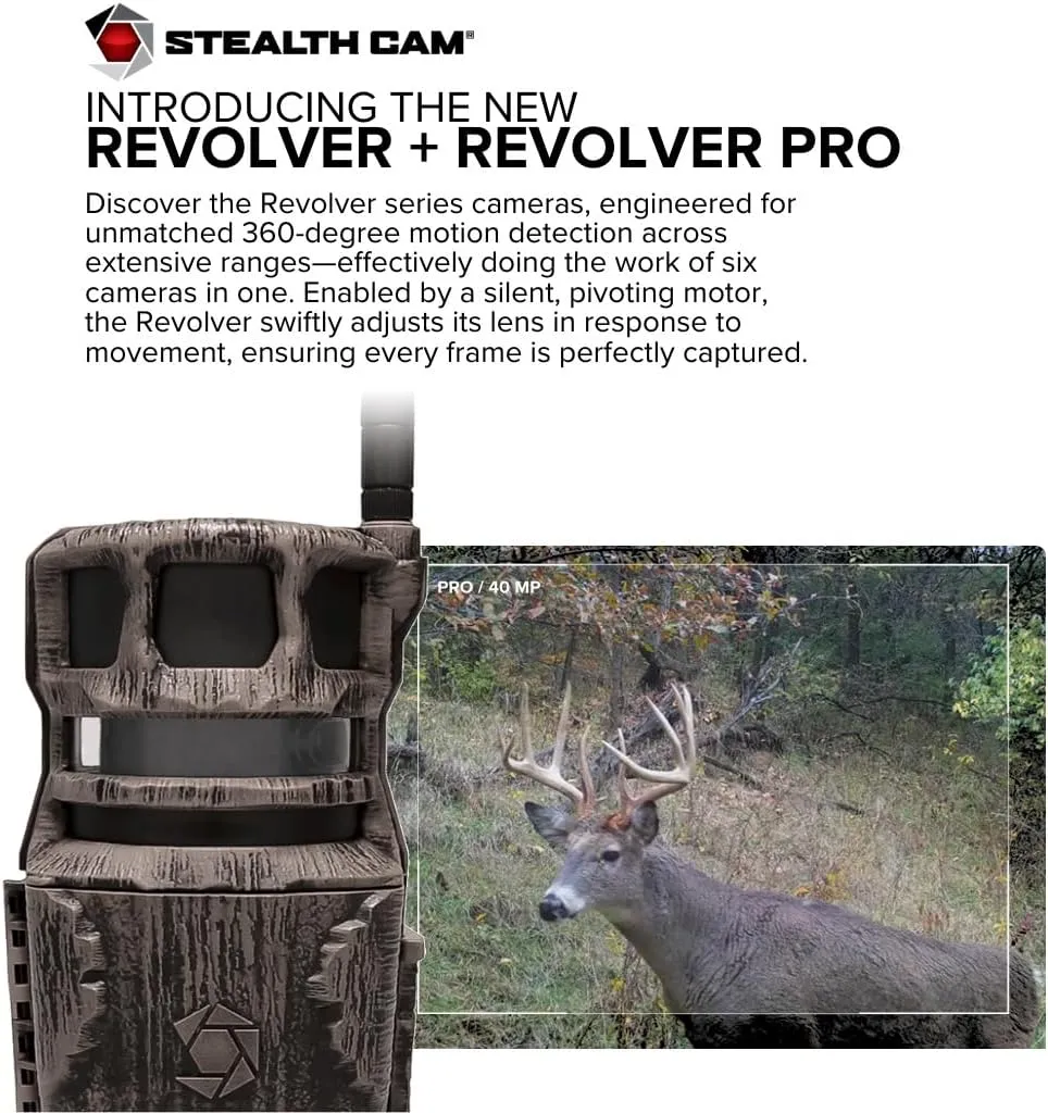 Stealth Cam Revolver 40MP Pro 360-Degree Cellular Trail Camera (4-Pack) Bundle with 4 x 5400mAh Battery, 4 x 32GB Memory Card, and Card Reader (13 Items)