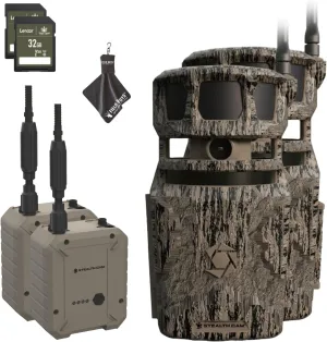 Stealth Cam Revolver PRO 40MP Photo 1440P at 30 FPS QHD Video 0.4 Sec Trigger Speed 360-Degree Panoramic View Built-in GPS Hunting Cellular Trail Camera, External Batteries, and 32GB SD Cards (2PK)