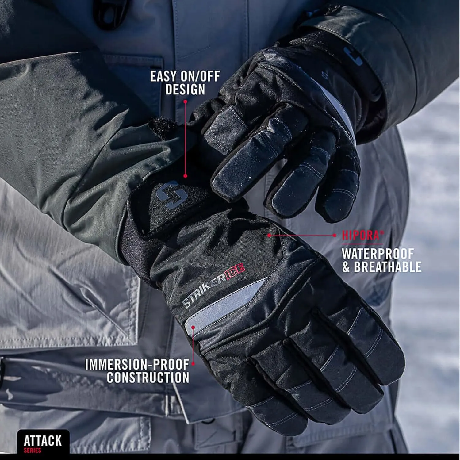 Striker Attack Waterproof Breathable Insulated Outdoor Ice Fishing Gloves with Adjustable Neoprene Cuff