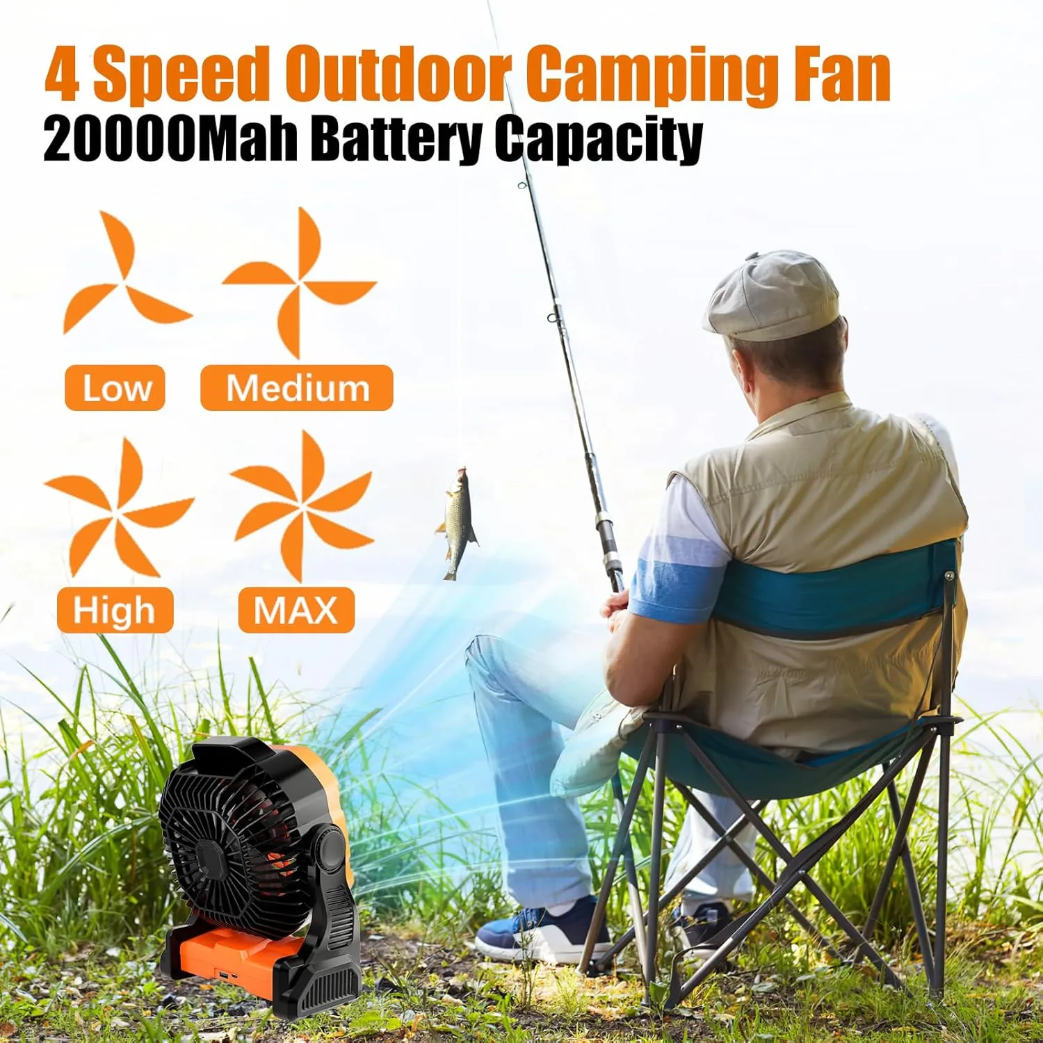 Sugoiti Portable Camping Fan Father's Day 20000mAh Rechargeable Battery, 4-Speed Quiet Cooling Blower with LED Lantern, 4 Timing, Hanging Hook for Outdoor Picnic Tent Beach Fishing Orange