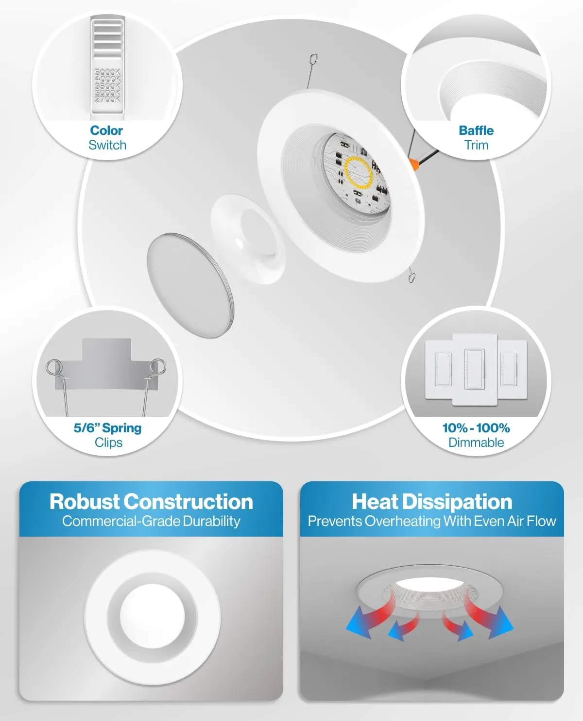 Sunco Recessed Lighting 6 Inch, Retrofit Can Lights, 965LM, 13W (75W Equivalent), Selectable CCT 2700K/3000K/3500K/4000K/5000K, Dimmable, Baffle Trim, Damp Rated UL 4 Pack