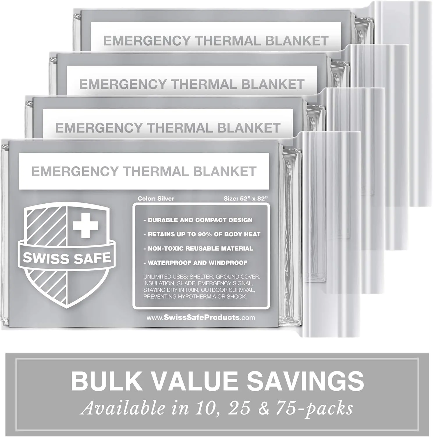 Swiss Safe Emergency Mylar Thermal Blankets   Bonus Space Blanket - Compact & Insulated for Cold Weather - Designed for NASA, Outdoor Camping, Survival, First Aid Car Kit - Silver, 25 Pack