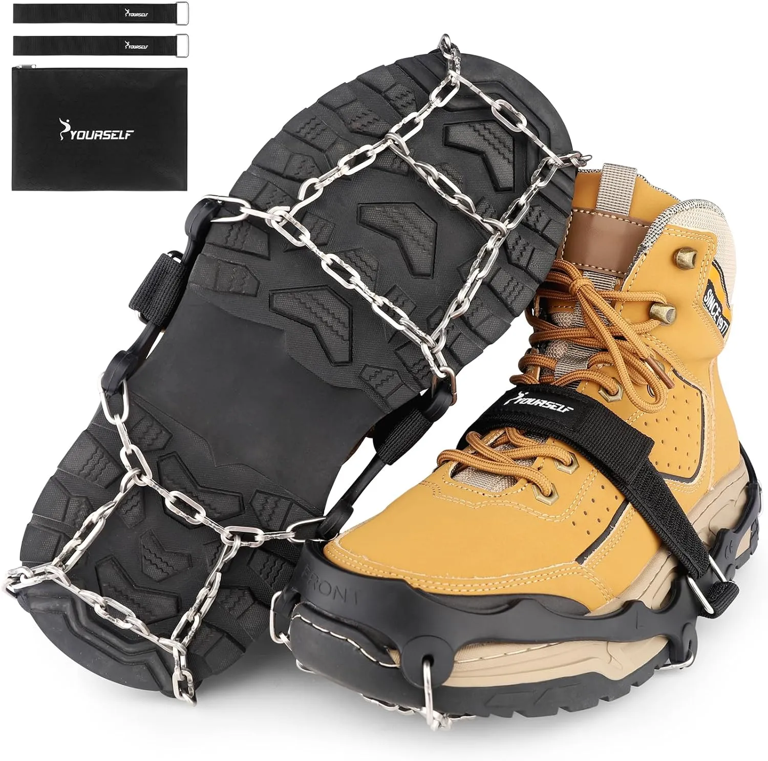 SYOURSELF Ice Cleats for Shoes and Boots Women Men, Crampons Non Slip Snow Chains Ice Grippers for Shoes and Boots, Traction Cleats Shoe Spikes for Snow and Ice Fishing Hiking Walking Climbing