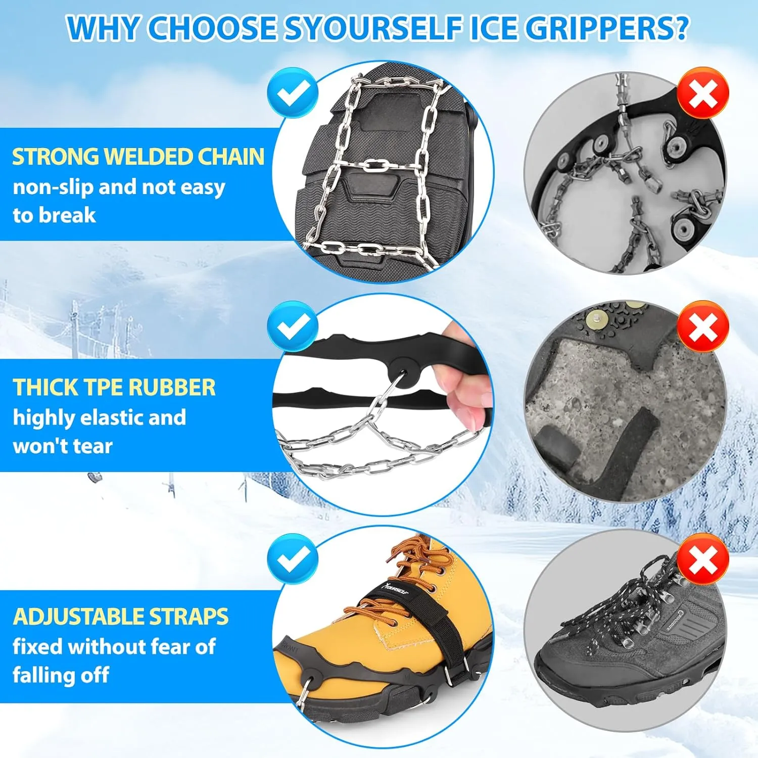 SYOURSELF Ice Cleats for Shoes and Boots Women Men, Crampons Non Slip Snow Chains Ice Grippers for Shoes and Boots, Traction Cleats Shoe Spikes for Snow and Ice Fishing Hiking Walking Climbing