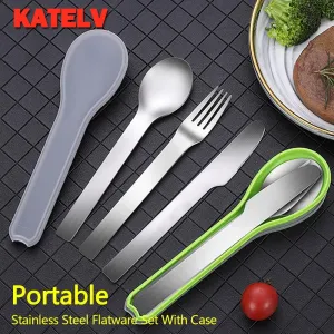 Tableware 3Pcs Portable Cutlery Set with Case Stainless Steel Knife Fork Spoon Flatware Set Camping Picnic Travel Tableware Set with Box Dinner Service