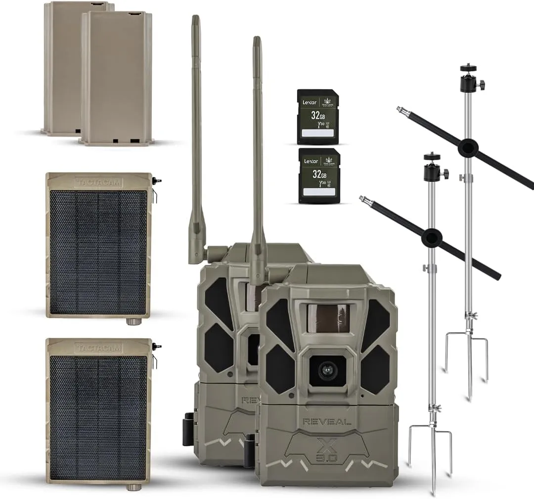 TACTACAM Reveal X Gen 3.0 Cellular Trail Camera – Multi-Carrier, GPS, Low-Glow IR, HD Photo/Video, Pre-Installed Antenna, Includes Solar Panel, Rechargeable Battery, 32GB SD, & Tripod Mount (2PK)