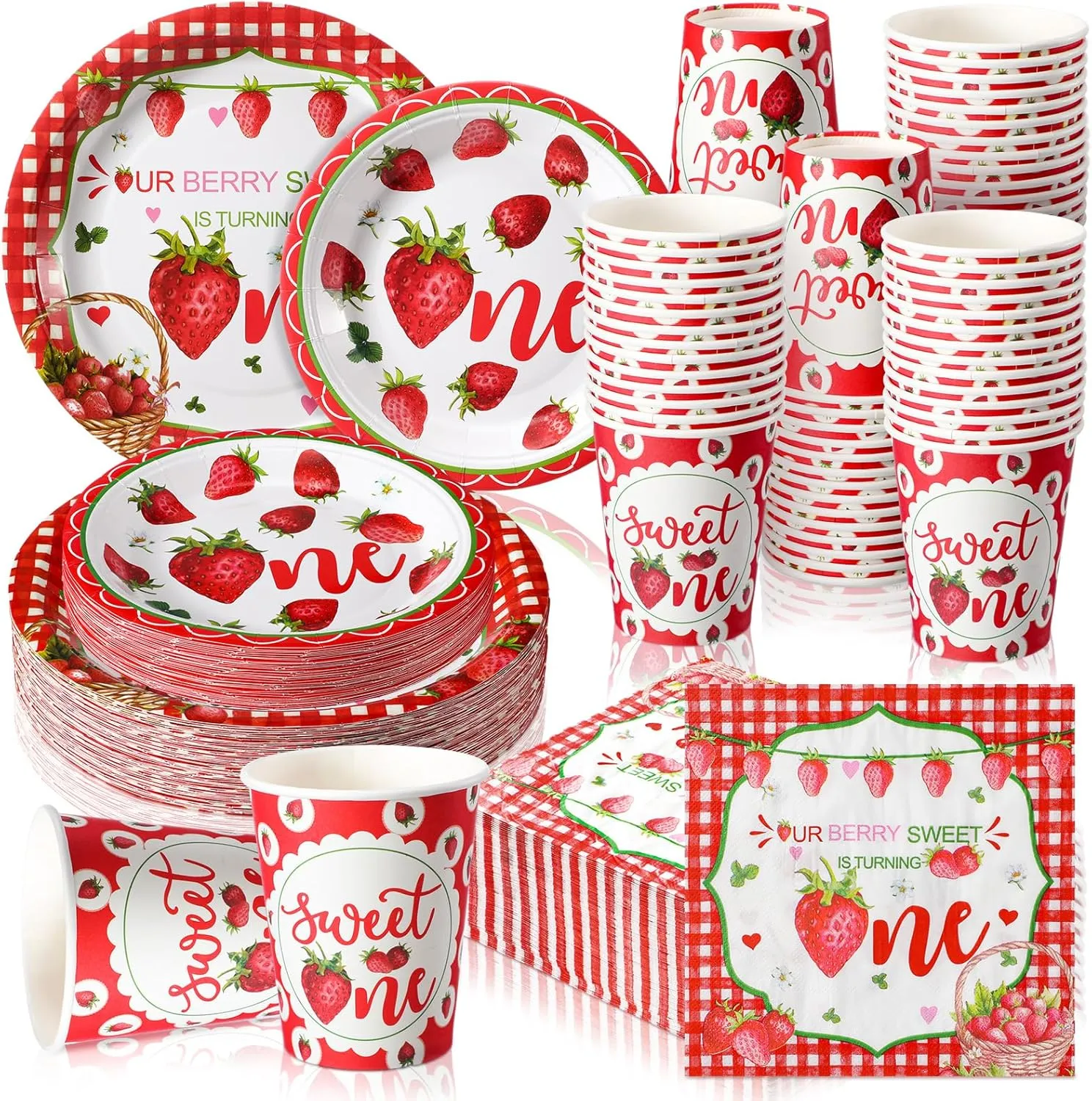 Tanlade 216 Pcs Strawberry Theme Birthday Party Supplies Serves 36 Birthday Party Decorations Baby Shower Dinner Plates for Kids Disposable Plates Cups and Napkins for Baby Shower Children's Birthday