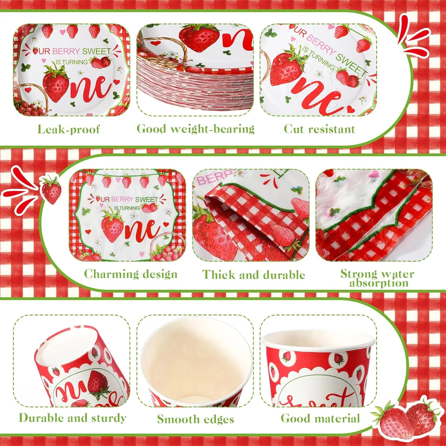 Tanlade 216 Pcs Strawberry Theme Birthday Party Supplies Serves 36 Birthday Party Decorations Baby Shower Dinner Plates for Kids Disposable Plates Cups and Napkins for Baby Shower Children's Birthday