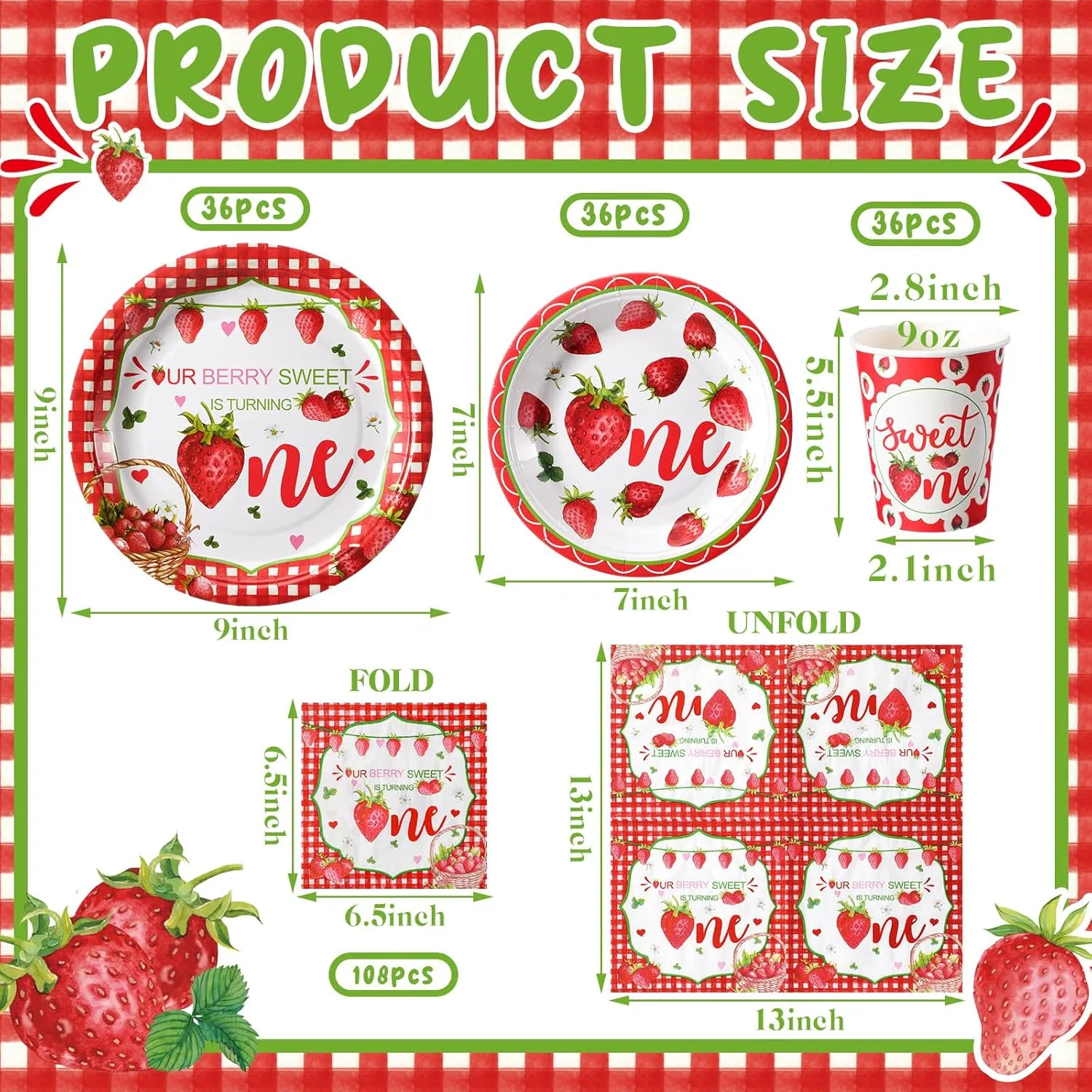 Tanlade 216 Pcs Strawberry Theme Birthday Party Supplies Serves 36 Birthday Party Decorations Baby Shower Dinner Plates for Kids Disposable Plates Cups and Napkins for Baby Shower Children's Birthday