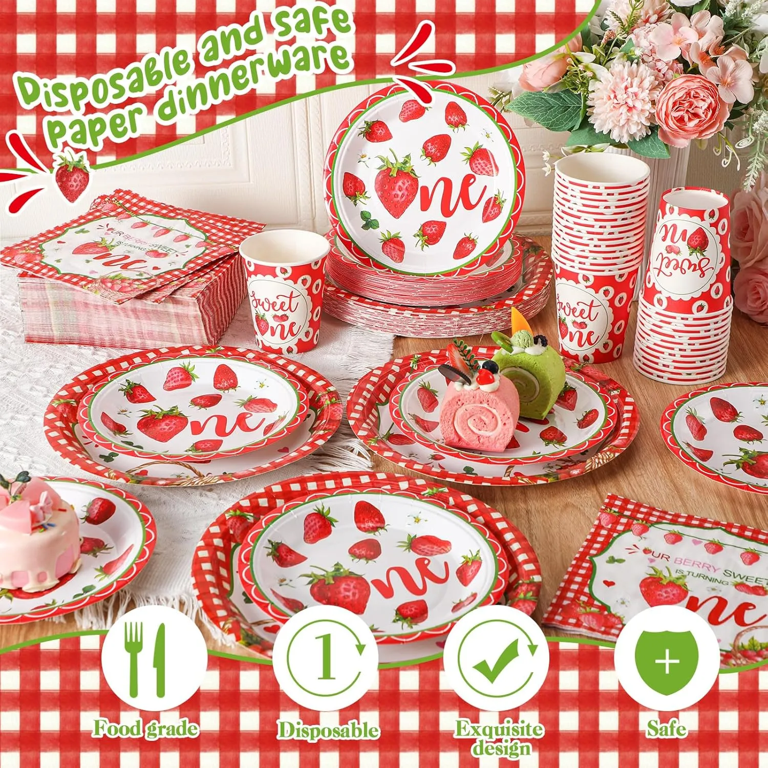 Tanlade 216 Pcs Strawberry Theme Birthday Party Supplies Serves 36 Birthday Party Decorations Baby Shower Dinner Plates for Kids Disposable Plates Cups and Napkins for Baby Shower Children's Birthday