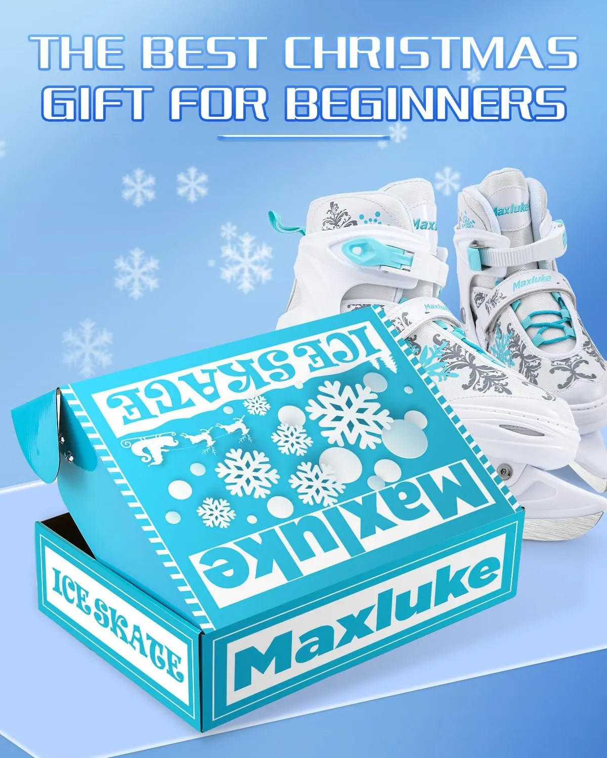 TaroKitc Adjustable Snowflake Ice Skates for Kids Boys Girls, Fun Beginner Ice Skating Shoes for Outdoor and Rink, 4 Sizes Adjustable Skates, Soft and Comfortable Lining Ice Skating Shoes Ages 6-12