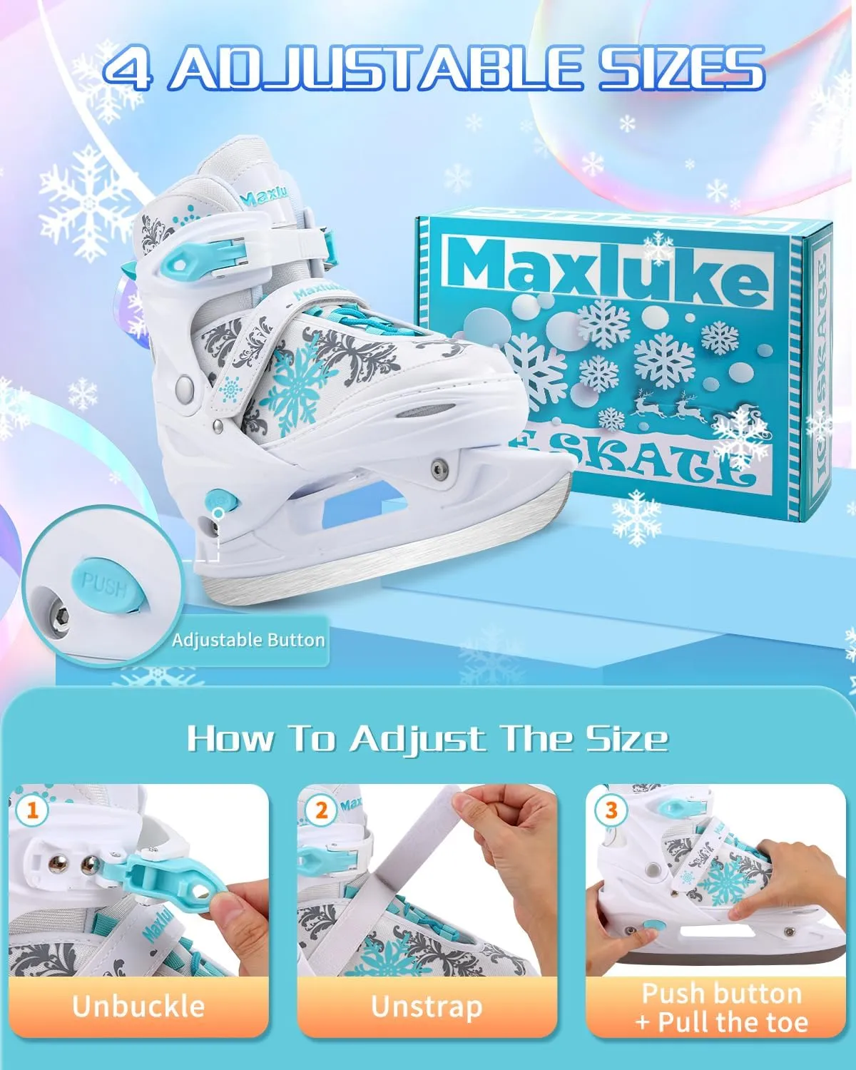 TaroKitc Adjustable Snowflake Ice Skates for Kids Boys Girls, Fun Beginner Ice Skating Shoes for Outdoor and Rink, 4 Sizes Adjustable Skates, Soft and Comfortable Lining Ice Skating Shoes Ages 6-12