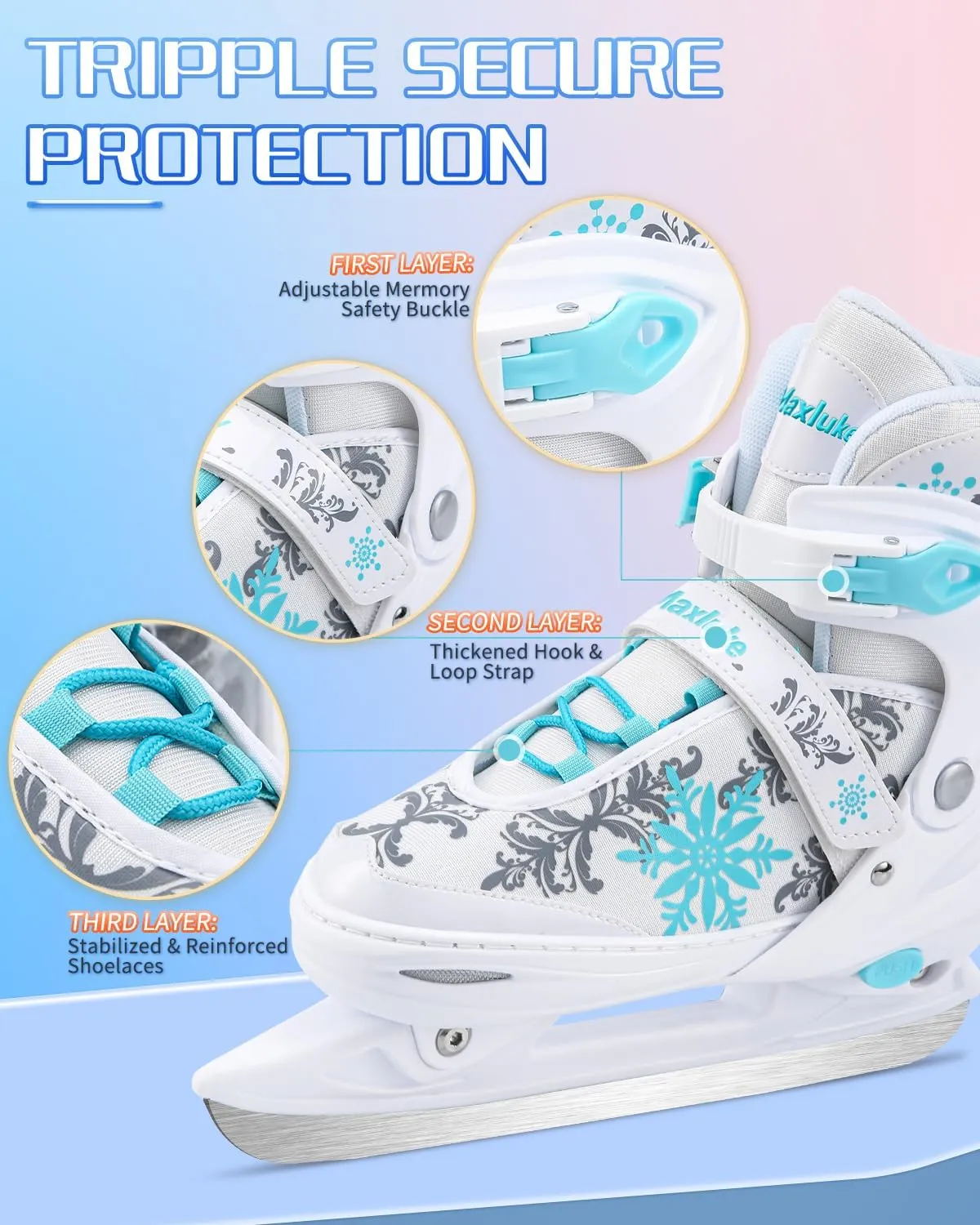 TaroKitc Adjustable Snowflake Ice Skates for Kids Boys Girls, Fun Beginner Ice Skating Shoes for Outdoor and Rink, 4 Sizes Adjustable Skates, Soft and Comfortable Lining Ice Skating Shoes Ages 6-12