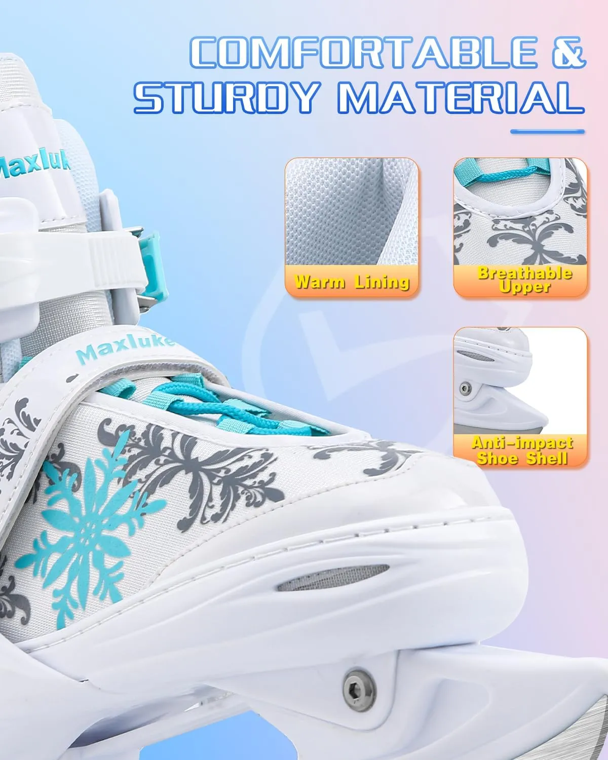 TaroKitc Adjustable Snowflake Ice Skates for Kids Boys Girls, Fun Beginner Ice Skating Shoes for Outdoor and Rink, 4 Sizes Adjustable Skates, Soft and Comfortable Lining Ice Skating Shoes Ages 6-12