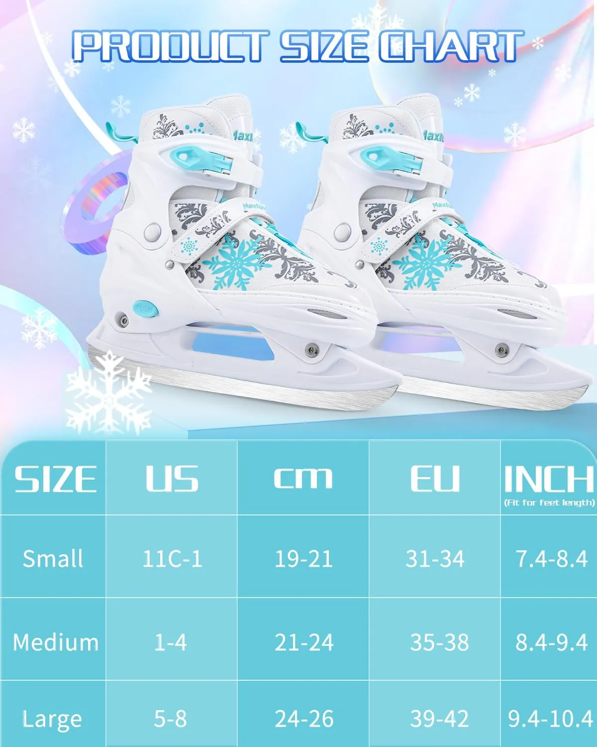 TaroKitc Adjustable Snowflake Ice Skates for Kids Boys Girls, Fun Beginner Ice Skating Shoes for Outdoor and Rink, 4 Sizes Adjustable Skates, Soft and Comfortable Lining Ice Skating Shoes Ages 6-12