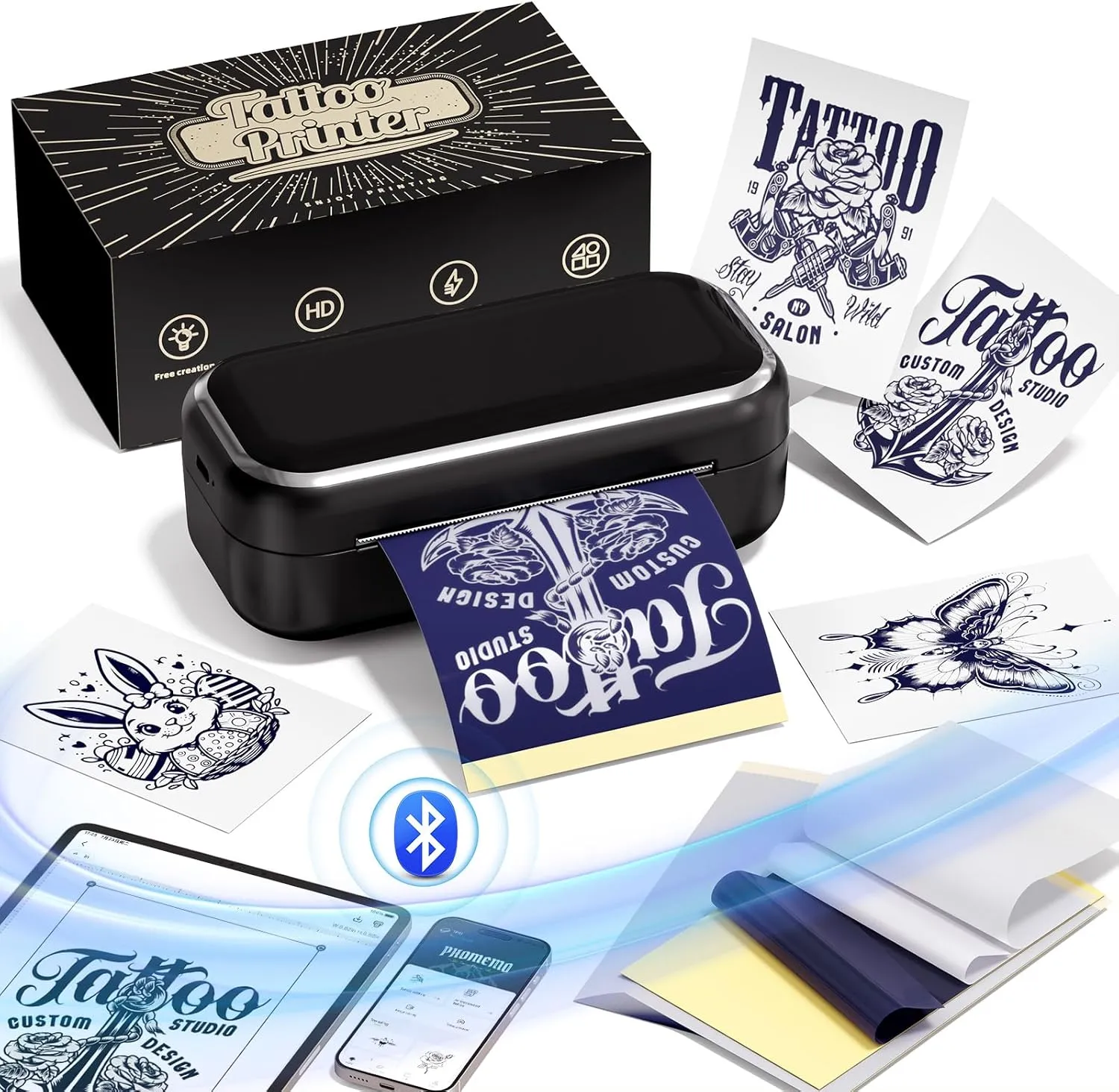 Tattoo Stencil Printer for Tattooing Bluetooth, TP31 Mini Thermal Tattoo Printer Machine Wireless for Tattoo Enthusias/Beginners/Artists, with 30pcs Transfer Paper, Compatible with Tablet & Smartphone