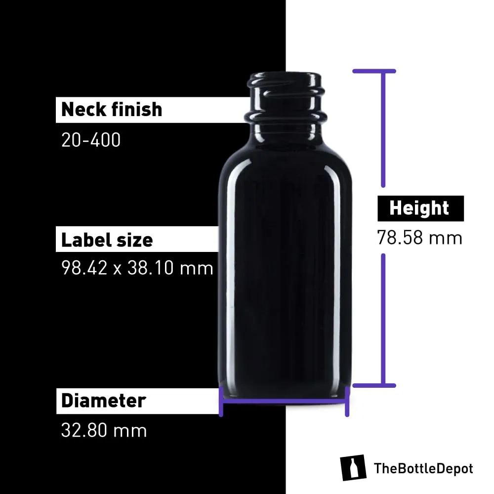 The Bottle Depot - 72 Pack - 1 oz Glass Bottle With Cap - Black UV - 20-400 Neck Finish - Boston Round Bottles - UV Rays Protection