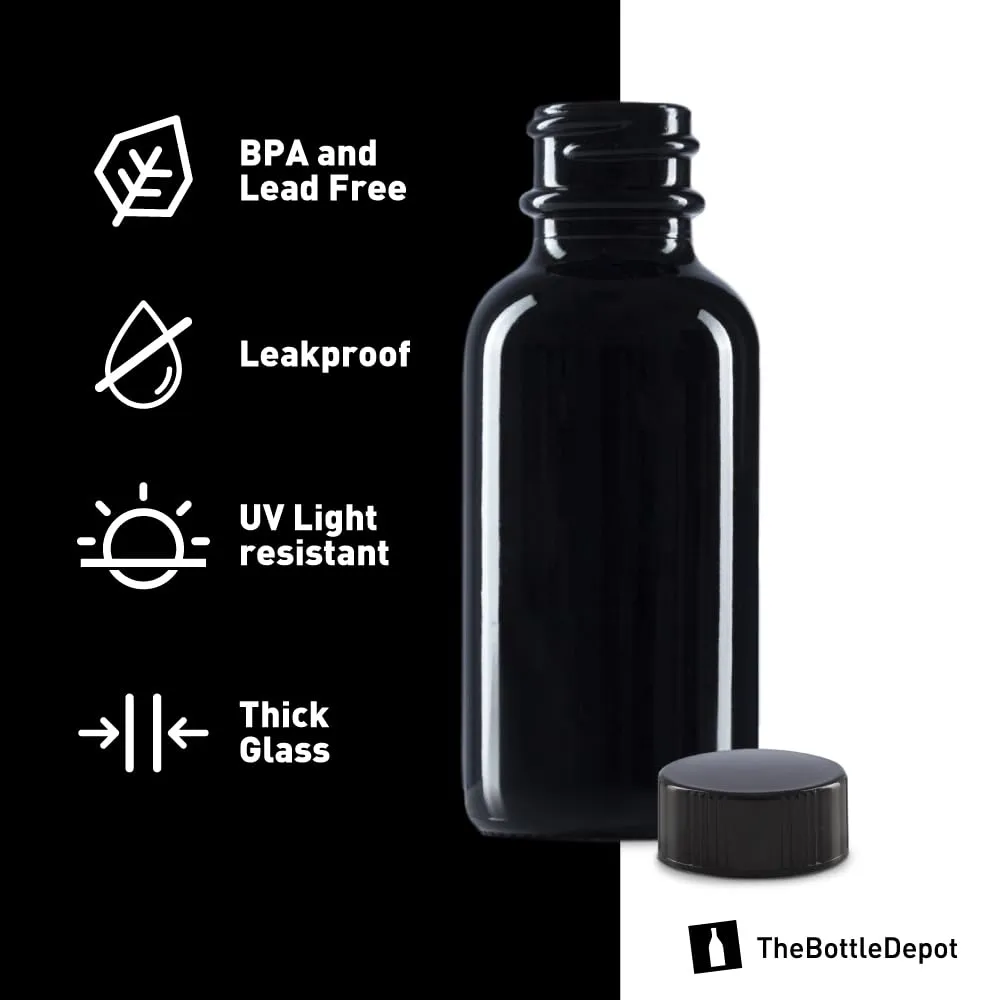 The Bottle Depot - 72 Pack - 1 oz Glass Bottle With Cap - Black UV - 20-400 Neck Finish - Boston Round Bottles - UV Rays Protection