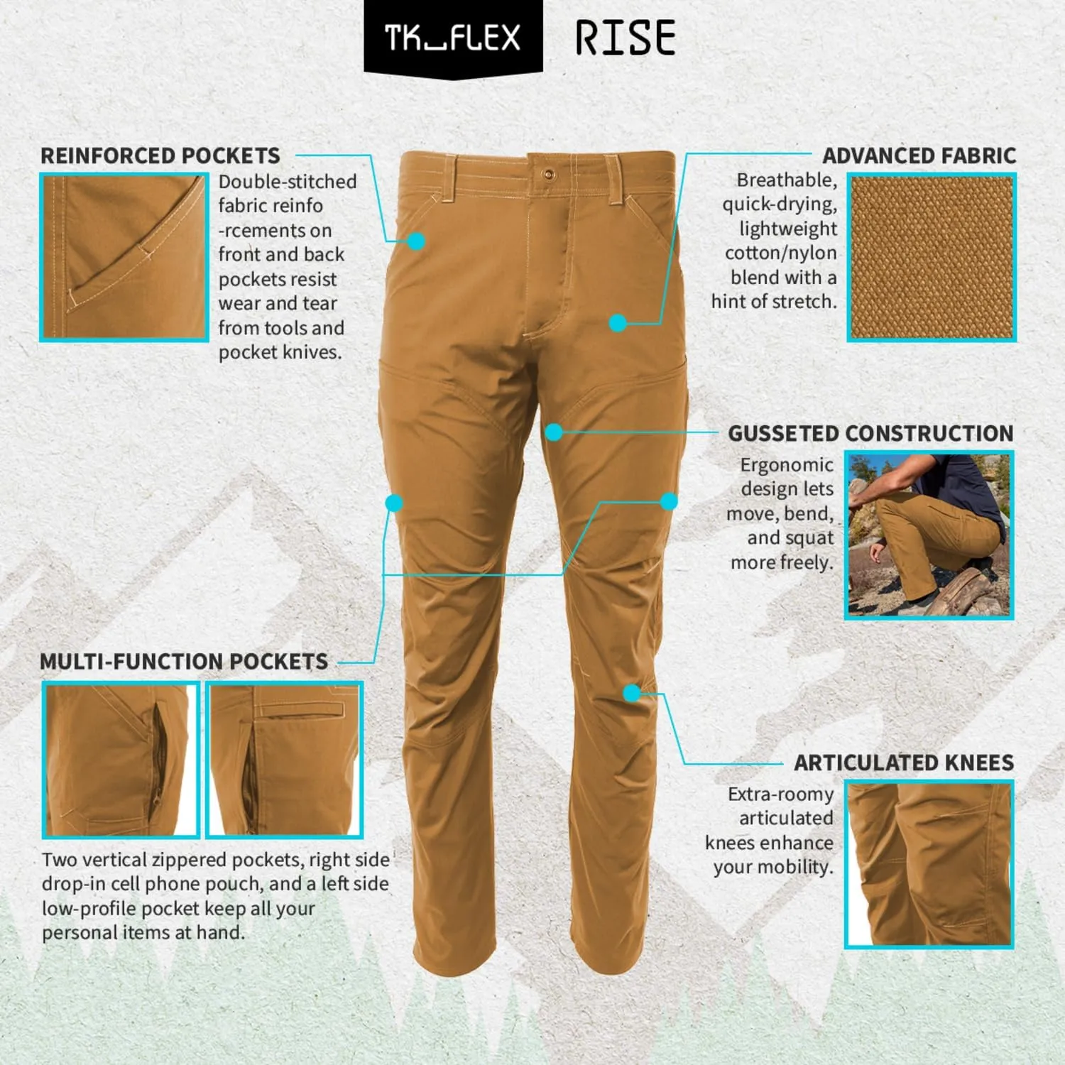 TK Flex Rise Men's Technical Pants Quick Dry Breathable Outdoor Hiking 8 Pockets Deep Gray