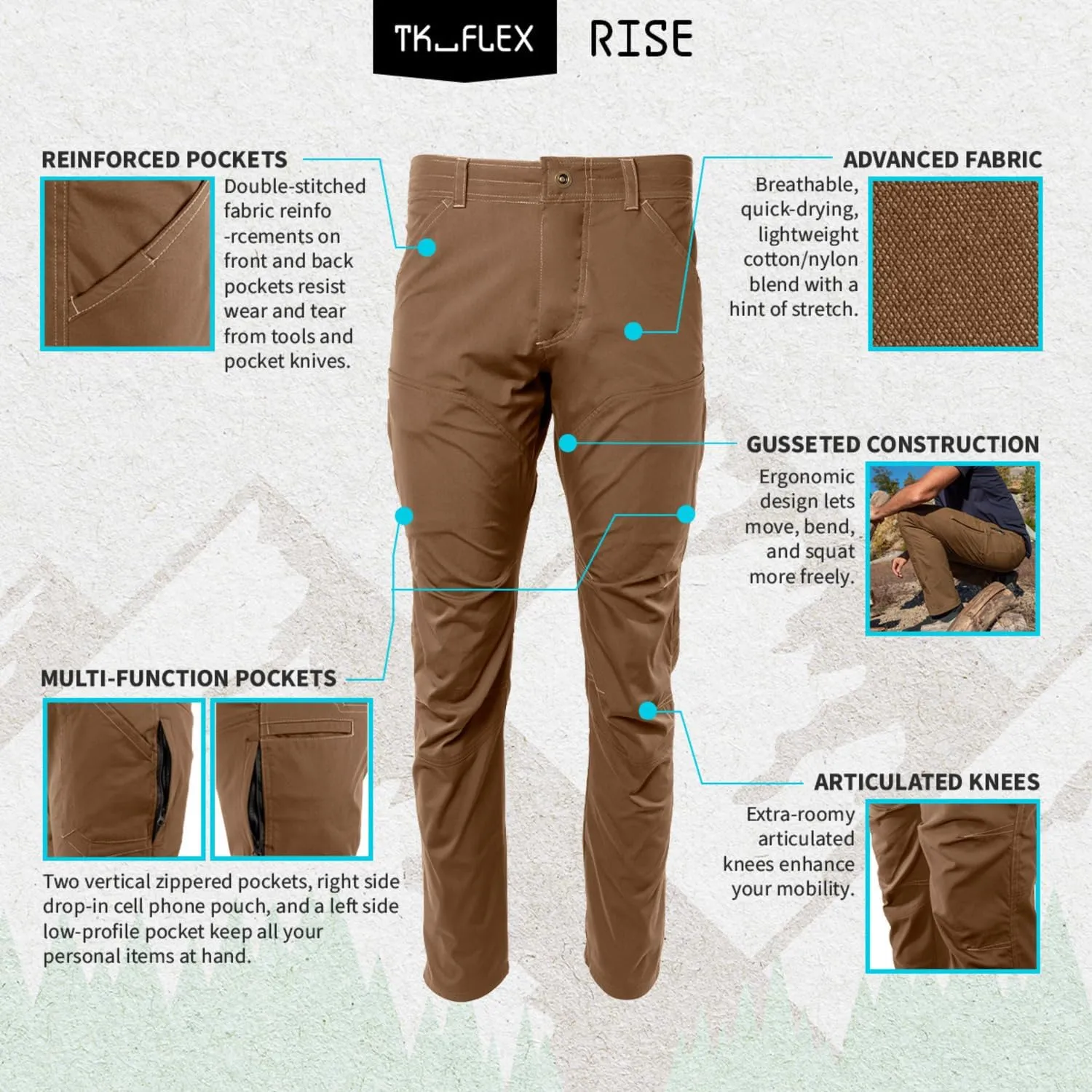 TK Flex Rise Men's Technical Pants Quick Dry Breathable Outdoor Hiking 8 Pockets Deep Gray
