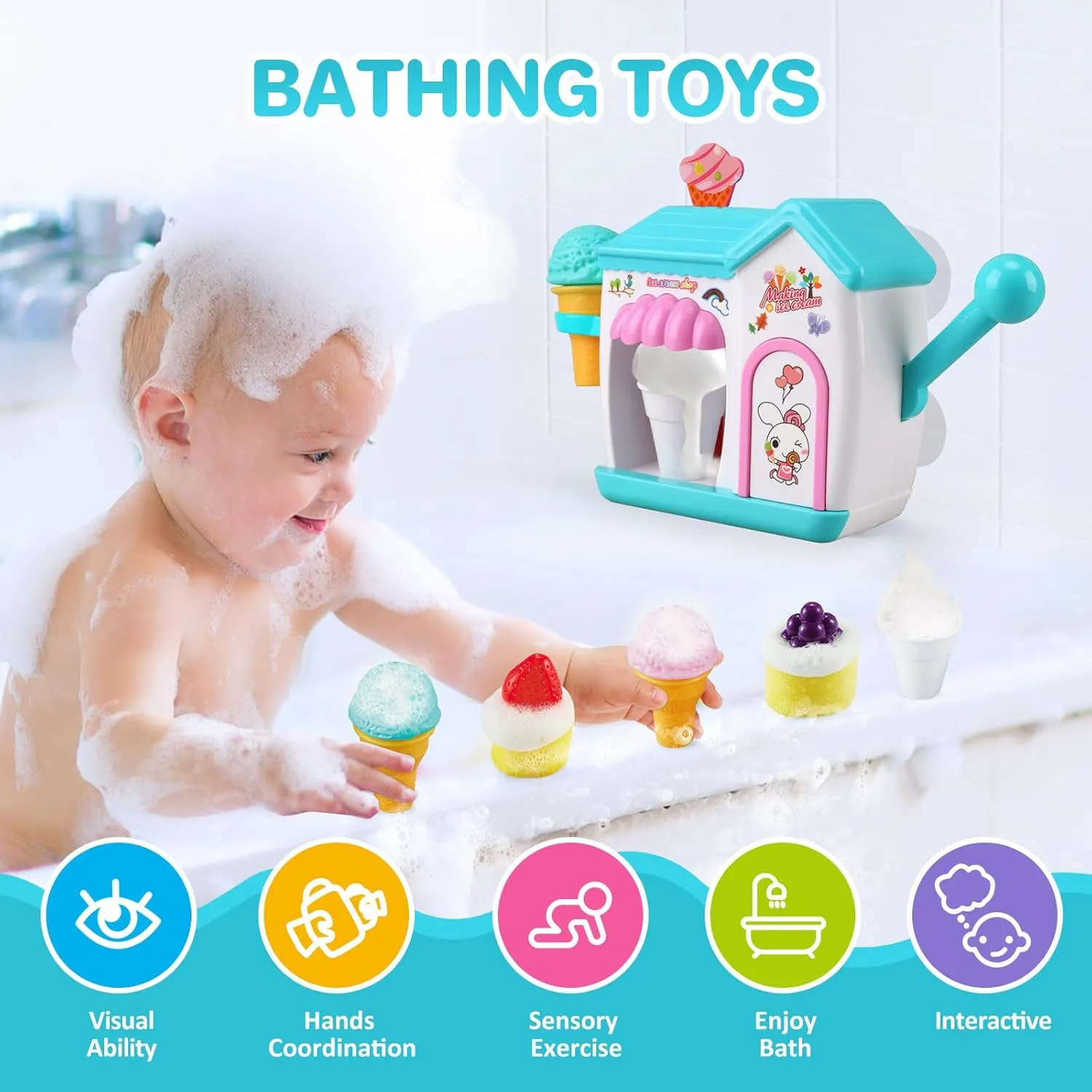 Toddler Bath Toys for 3 4 5 6 7 8 Years Old Girls, Bubble Ice Cream Maker Bath Toy, Shower Toys, Toddler Bath Toys Age 2-4, Bathtub Bubble Machine, Toy for 3 4 5 6 7 8 Years Old Boys Girls