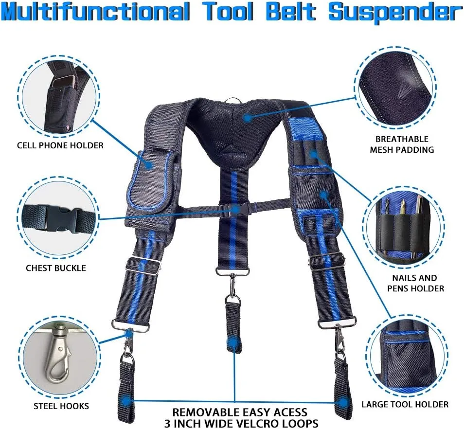 Tool Belt Suspenders Construction Work Suspenders with Magnet Pocket, Large Moveable Phone Holder, Pencil Holder