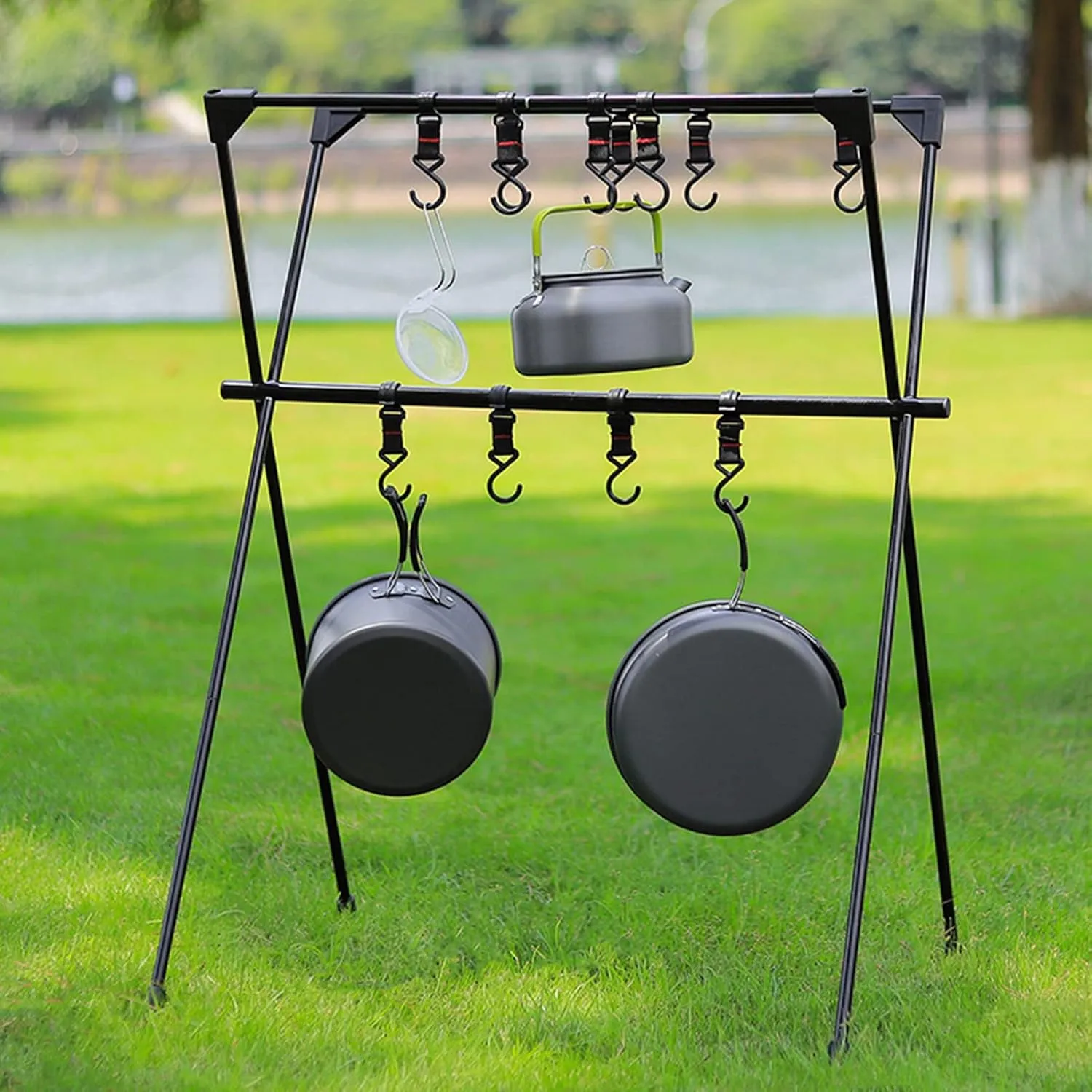 Topyond Camping Hanging Rack, Lightweight Aluminum Alloy Double Layer Tripod with Hooks for Outdoor Cooking and Storage, Camping Hanging Rack for Garden, Patio, and Hiking