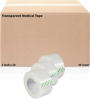 Transparent Medical Tape [Pack of 48 Rolls] Clear Emergency First Aid Bandage Tape for Wound Dressing Care - 1 inch x 10 Yds Breathable Latex Free (48)