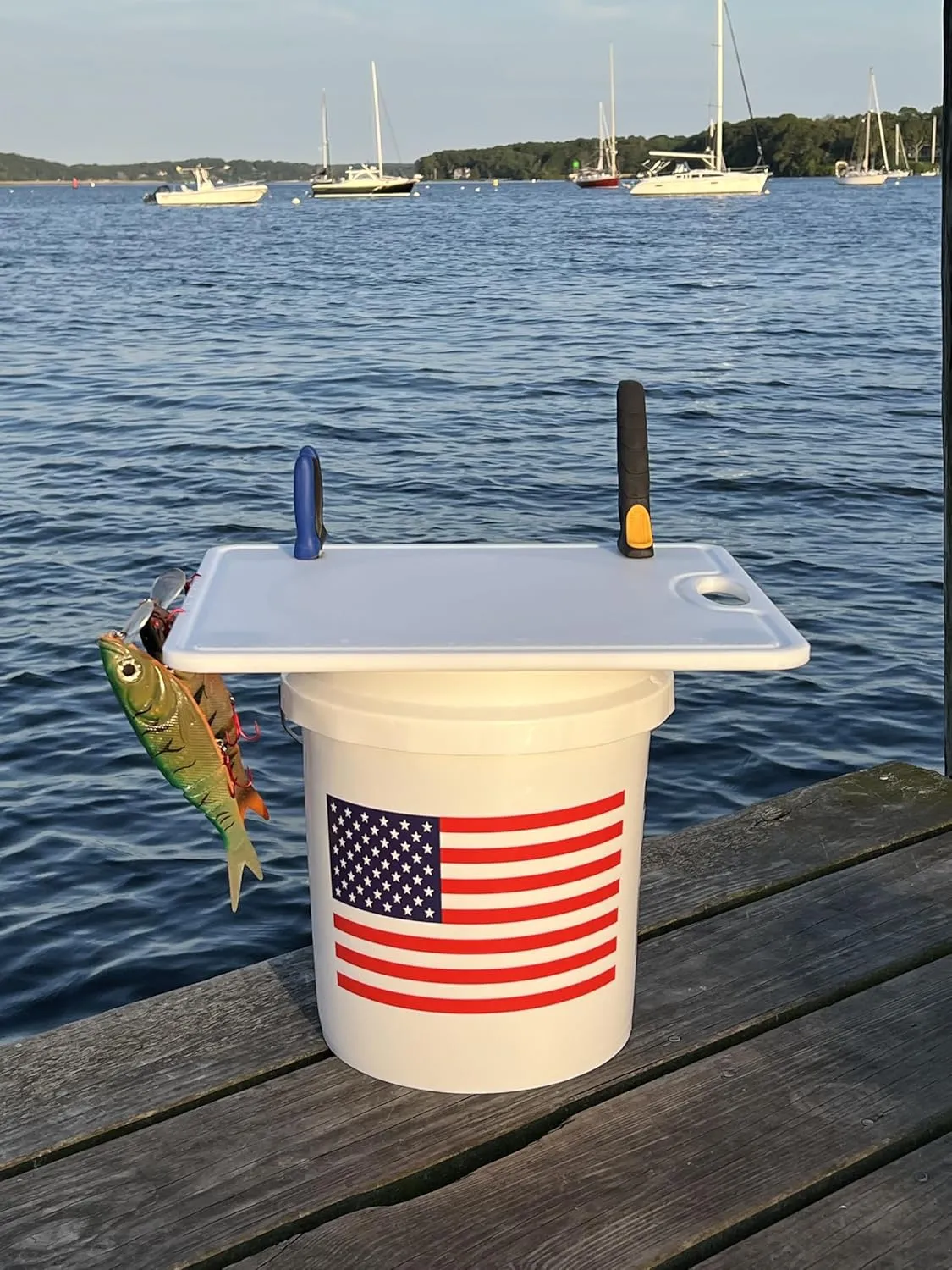 TRAPSKI Made in the USA | Premium Bucket or Cooler Fishing Cutting Board Table | 1/2 inch Thick HDPE UV Protected | Non-Skid or Mark Rubber Feet
