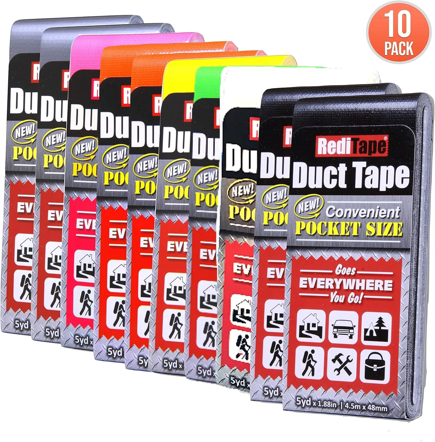 Travel Size Pocket Duct Tape 10-Pack | 1.88 inches x 5 Yards per Flat Pack (10-Pack, Rainbow Assortment)