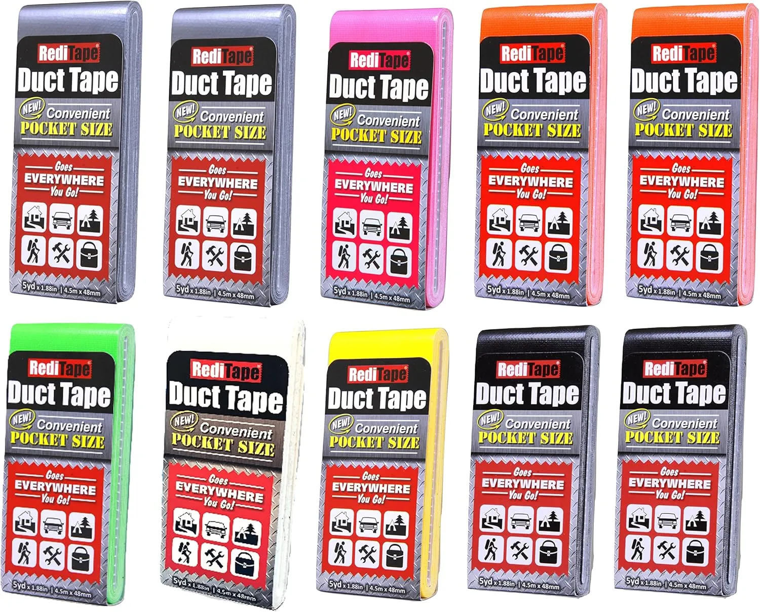 Travel Size Pocket Duct Tape 10-Pack | 1.88 inches x 5 Yards per Flat Pack (10-Pack, Rainbow Assortment)