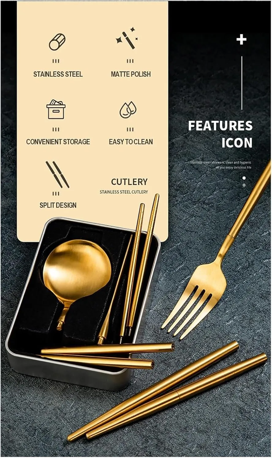 travel utensils 4pcs Portable Cutlery Set Stainless Steel Camping Tableware Chopstick Fork Knife Spoon Folding Set Dinnerware(4pcs Rose Gold)